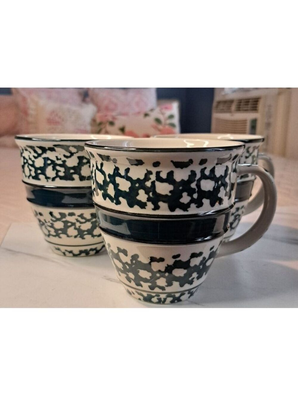 Vintage Set of 3 Tienshan Green Sponge Black Edge "Country Crock" Stoneware Mugs